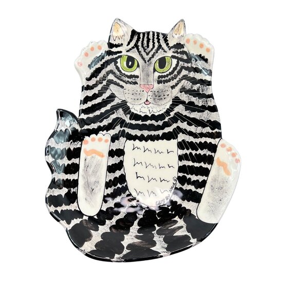 Cats By Nina Lyman Ceramic Cat-Shaped Plate Platter Black White Tabby Green Eyes - Picture 1 of 10